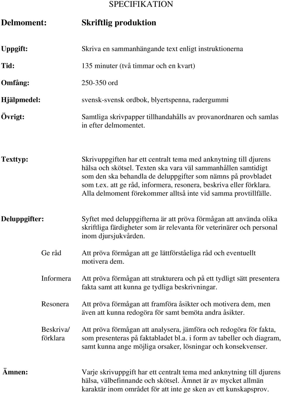 Texten ska vara väl sammanhållen samtidigt som den ska behandla de deluppgifter som nämns på provbladet som t.ex. att ge råd, informera, resonera, beskriva eller förklara.