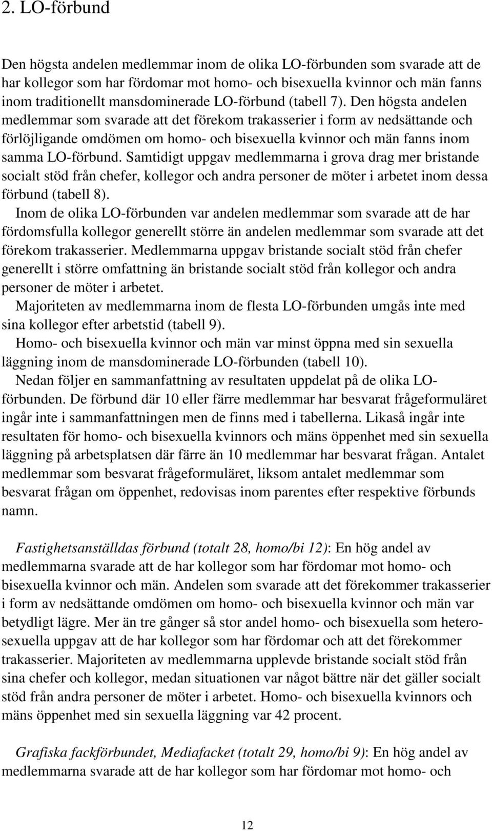 Den högsta andelen medlemmar som svarade att det förekom trakasserier i form av nedsättande och förlöjligande omdömen om homo- och bisexuella kvinnor och män fanns inom samma LO-förbund.