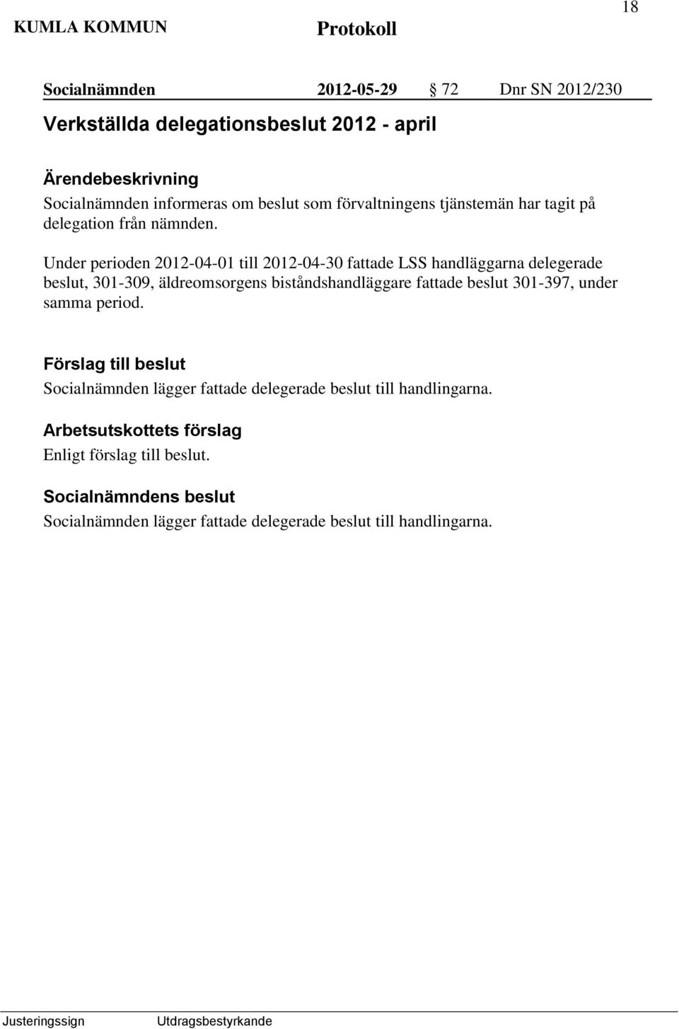 Under perioden 2012-04-01 till 2012-04-30 fattade LSS handläggarna delegerade beslut, 301-309, äldreomsorgens