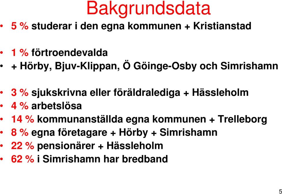 + Hässleholm 4 % arbetslösa 14 % kommunanställda egna kommunen + Trelleborg 8 % egna