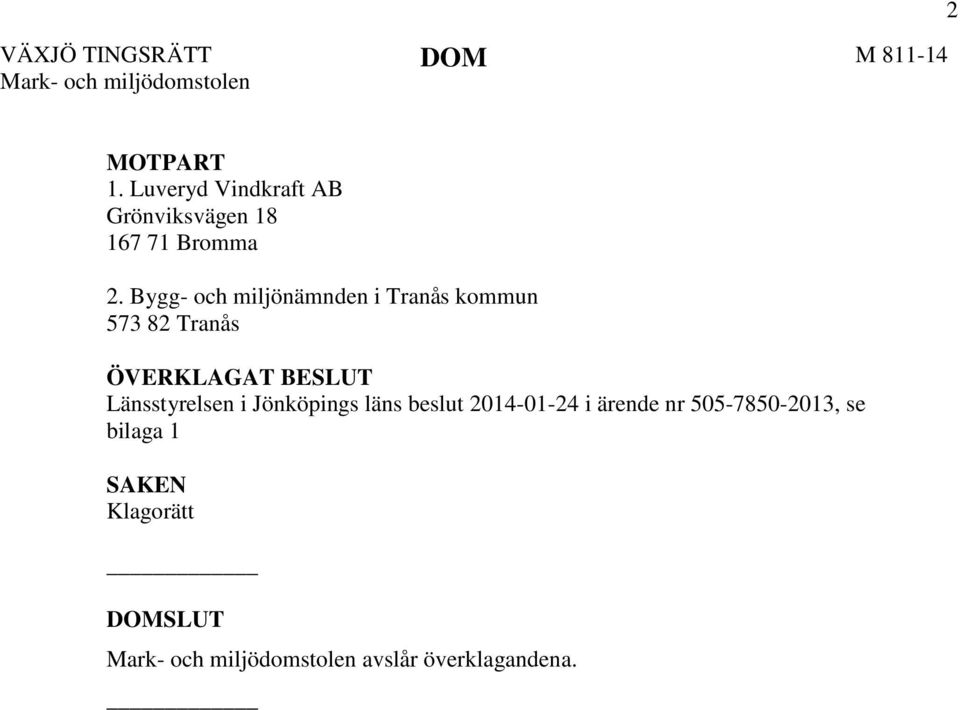 Bygg- och miljönämnden i Tranås kommun 573 82 Tranås ÖVERKLAGAT BESLUT