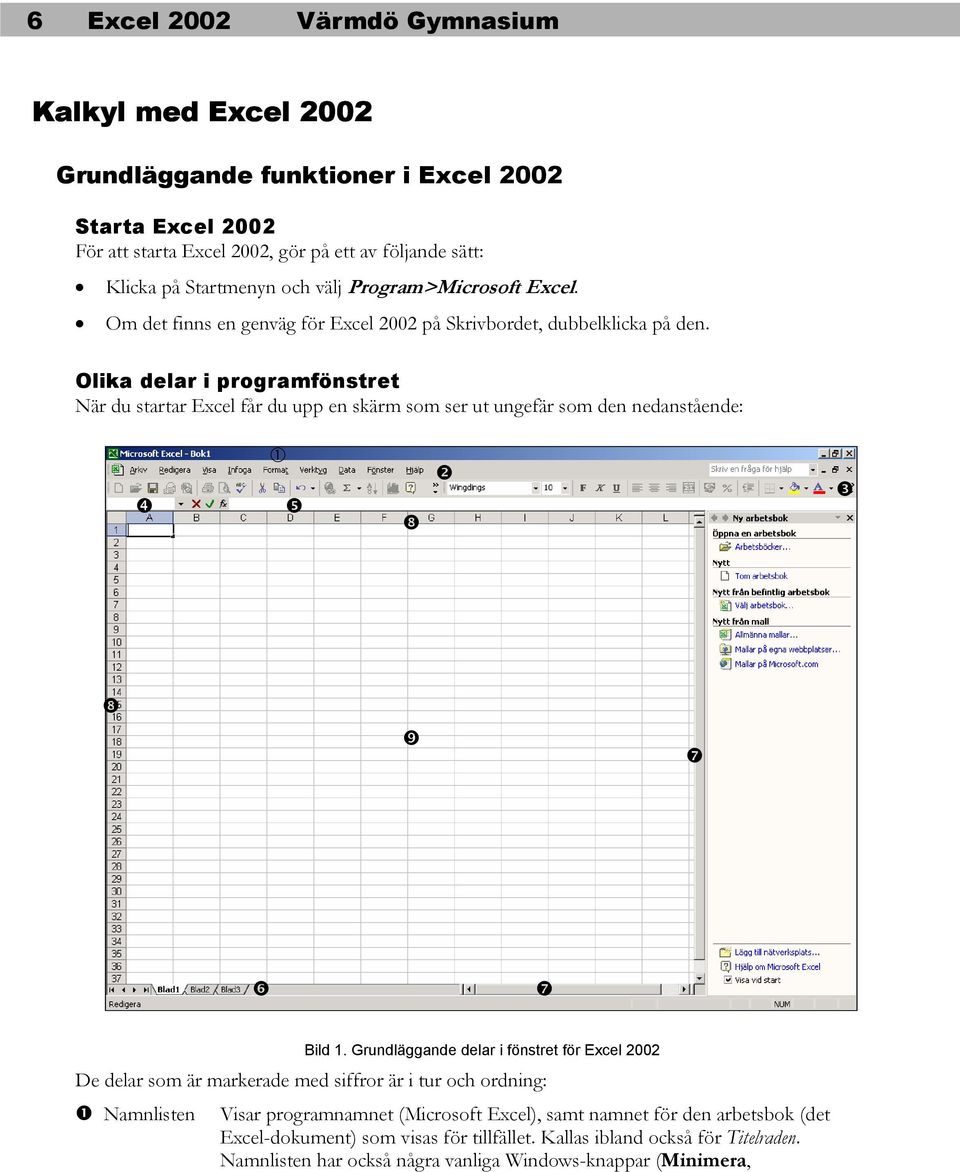 Olika delar i programfönstret När du startar Excel får du upp en skärm som ser ut ungefär som den nedanstående: Bild 1.
