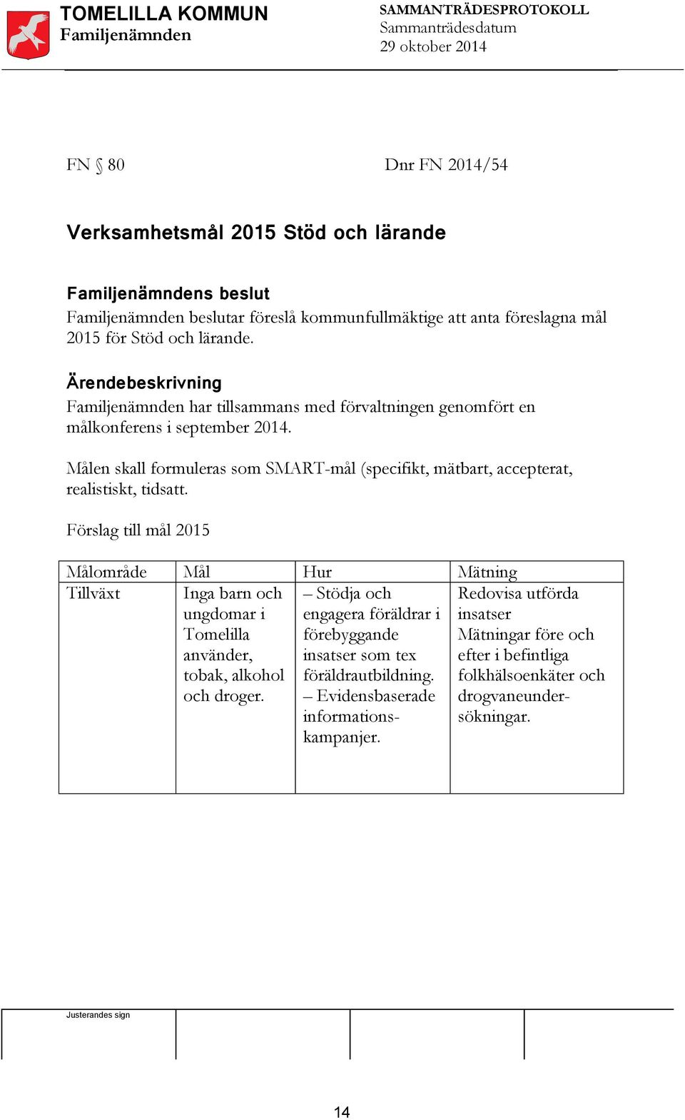 Målen skall formuleras som SMART-mål (specifikt, mätbart, accepterat, realistiskt, tidsatt.