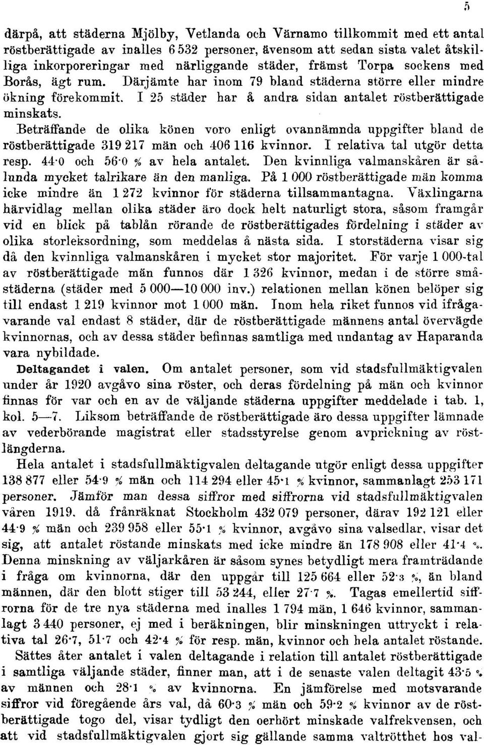 Beträifande de olika könen voro enligt ovannämnda uppgifter bland de röstberättigade 319 217 män och 406 116 kvinnor. I relativa tal utgör detta resp. 440 och 560 % av hela antalet.