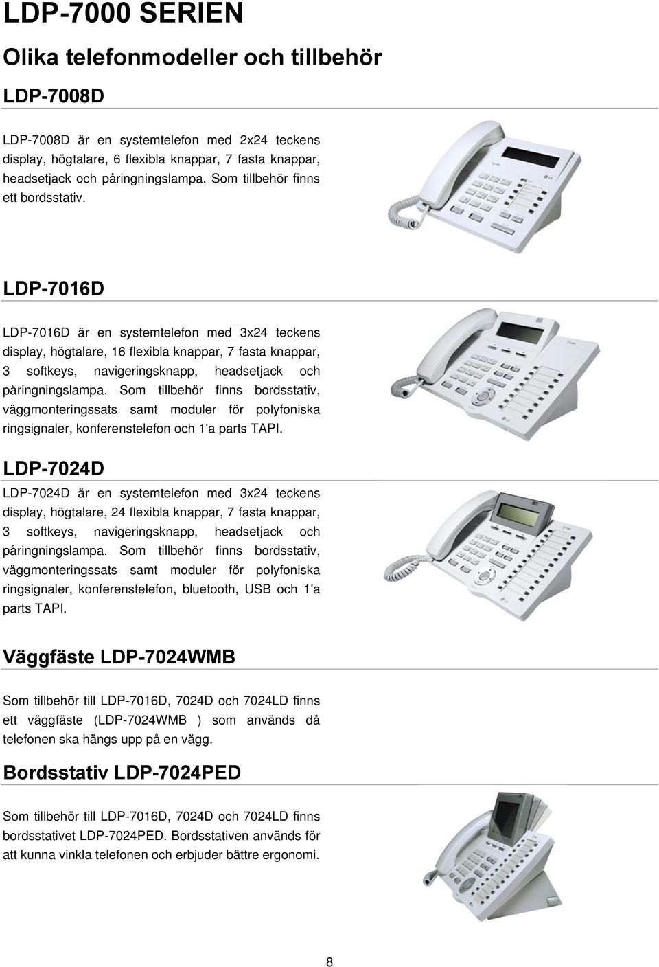 LDP-7016D LDP-7016D är en systemtelefon med 3x24 teckens display, högtalare, 16 flexibla knappar, 7 fasta knappar, 3 softkeys, navigeringsknapp, headsetjack och påringningslampa.