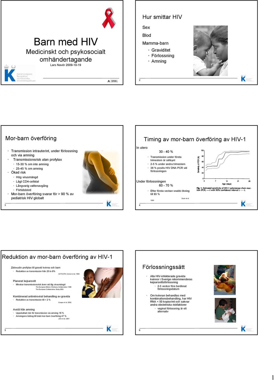 överföring svarar för > 90 % av pediatrisk HIV globalt 4 Timing av mor-barn överföring av HIV-1 In utero 30-40 % Transmission under första trimestern är sällsynt 2-5 % under andra trimestern 38 %