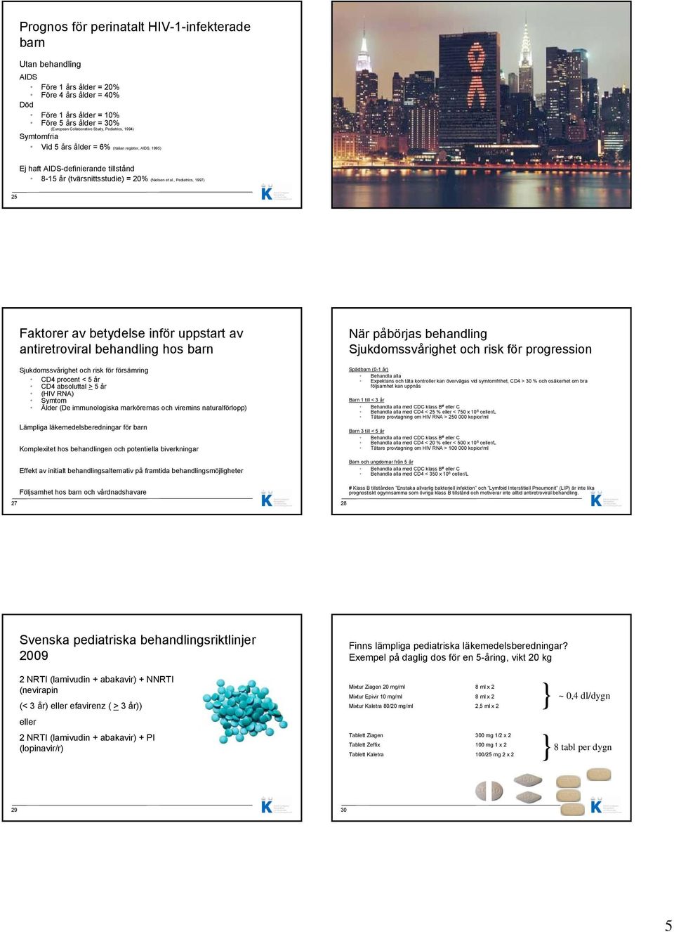 , Pediatrics, 1997) 25 26 Faktorer av betydelse inför uppstart av antiretroviral behandling hos barn Sjukdomssvårighet och risk för försämring CD4 procent < 5 år CD4 absoluttal > 5 år (HIV RNA)