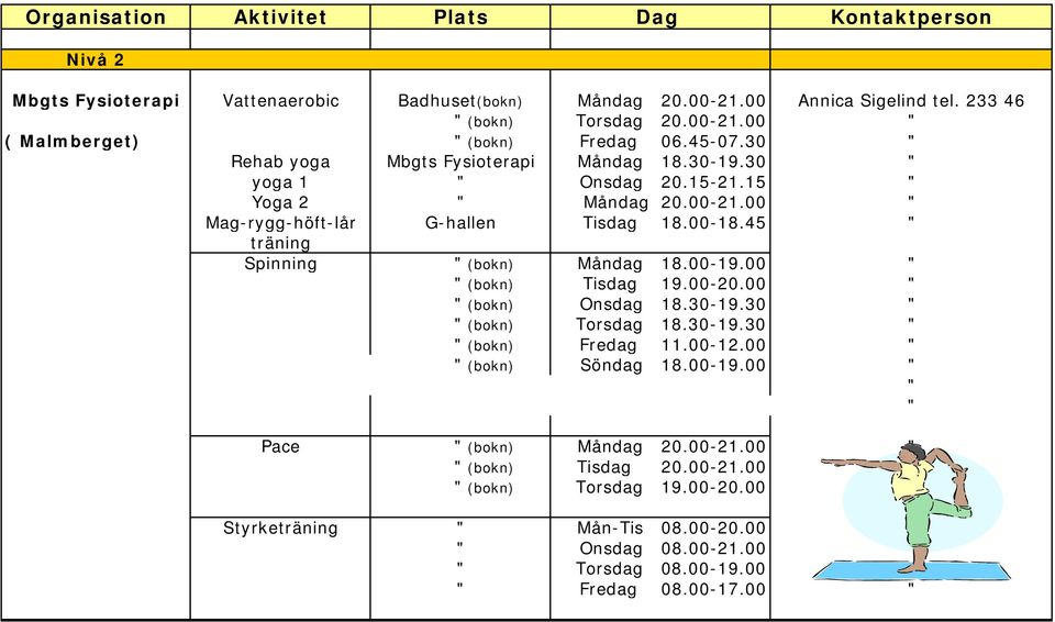 45 " träning Spinning " (bokn) Måndag 18.00-19.00 " " (bokn) Tisdag 19.00-20.00 " " (bokn) Onsdag 18.30-19.30 " " (bokn) Torsdag 18.30-19.30 " " (bokn) Fredag 11.00-12.00 " " (bokn) Söndag 18.