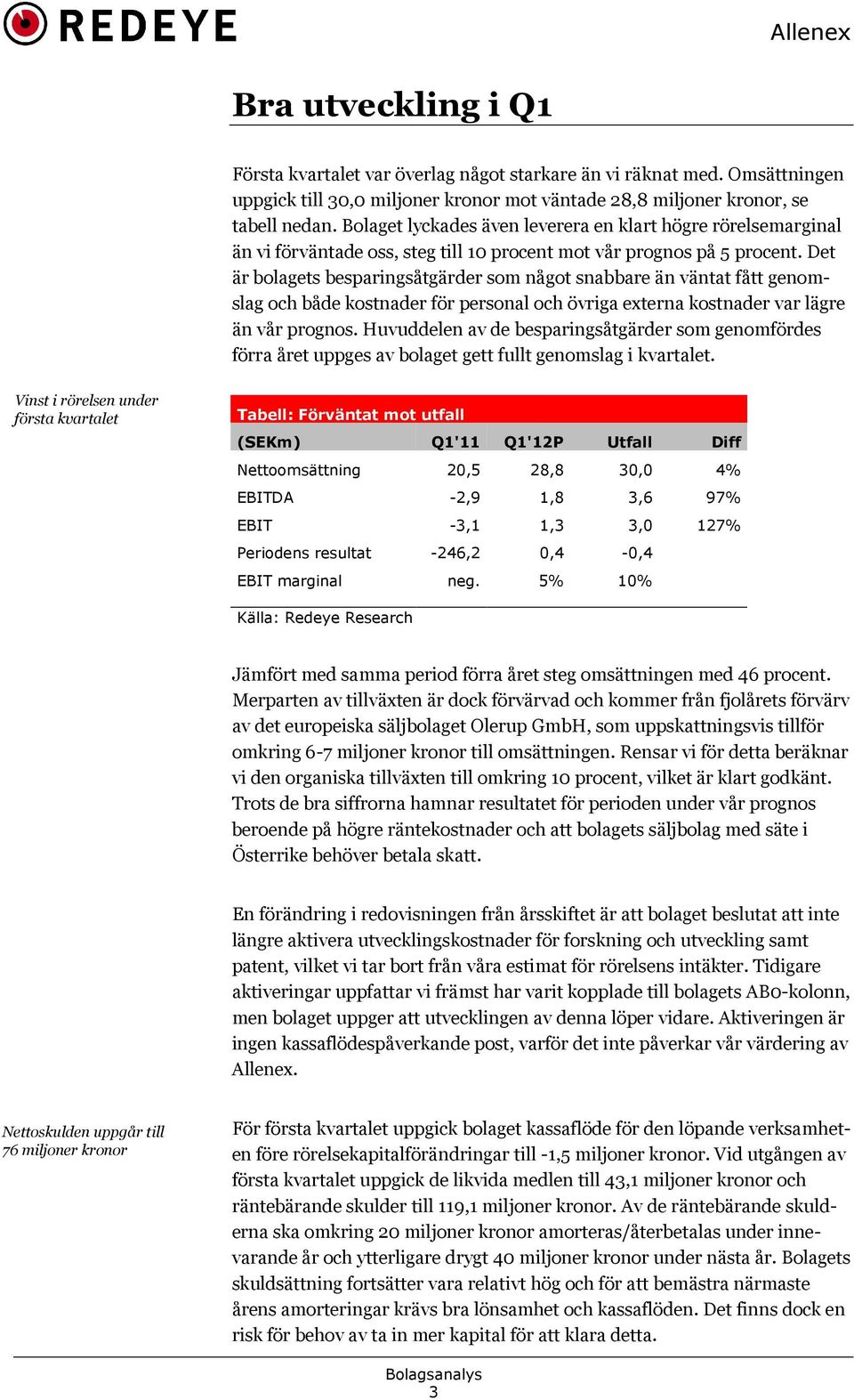 Det är bolagets besparingsåtgärder som något snabbare än väntat fått genom slag och både kostnader för personal och övriga externa kostnader var lägre än vår prognos.