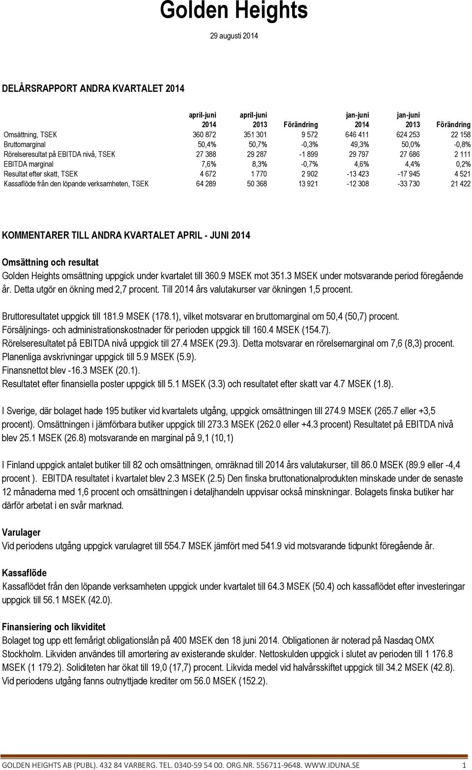 från den löpande verksamheten, TSEK 64 289 50 368 13 921-12 308-33 730 21 422 KOMMENTARER TILL ANDRA KVARTALET APRIL - JUNI Omsättning och resultat Golden Heights omsättning uppgick under kvartalet