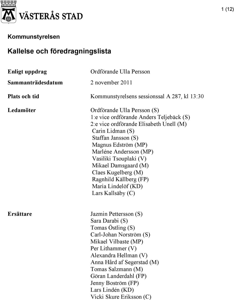 Tsouplaki (V) Mikael Damsgaard (M) Claes Kugelberg (M) Ragnhild Källberg (FP) Maria Lindelöf (KD) Lars Kallsäby (C) Ersättare Jazmin Pettersson (S) Sara Darabi (S) Tomas Östling (S) Carl-Johan