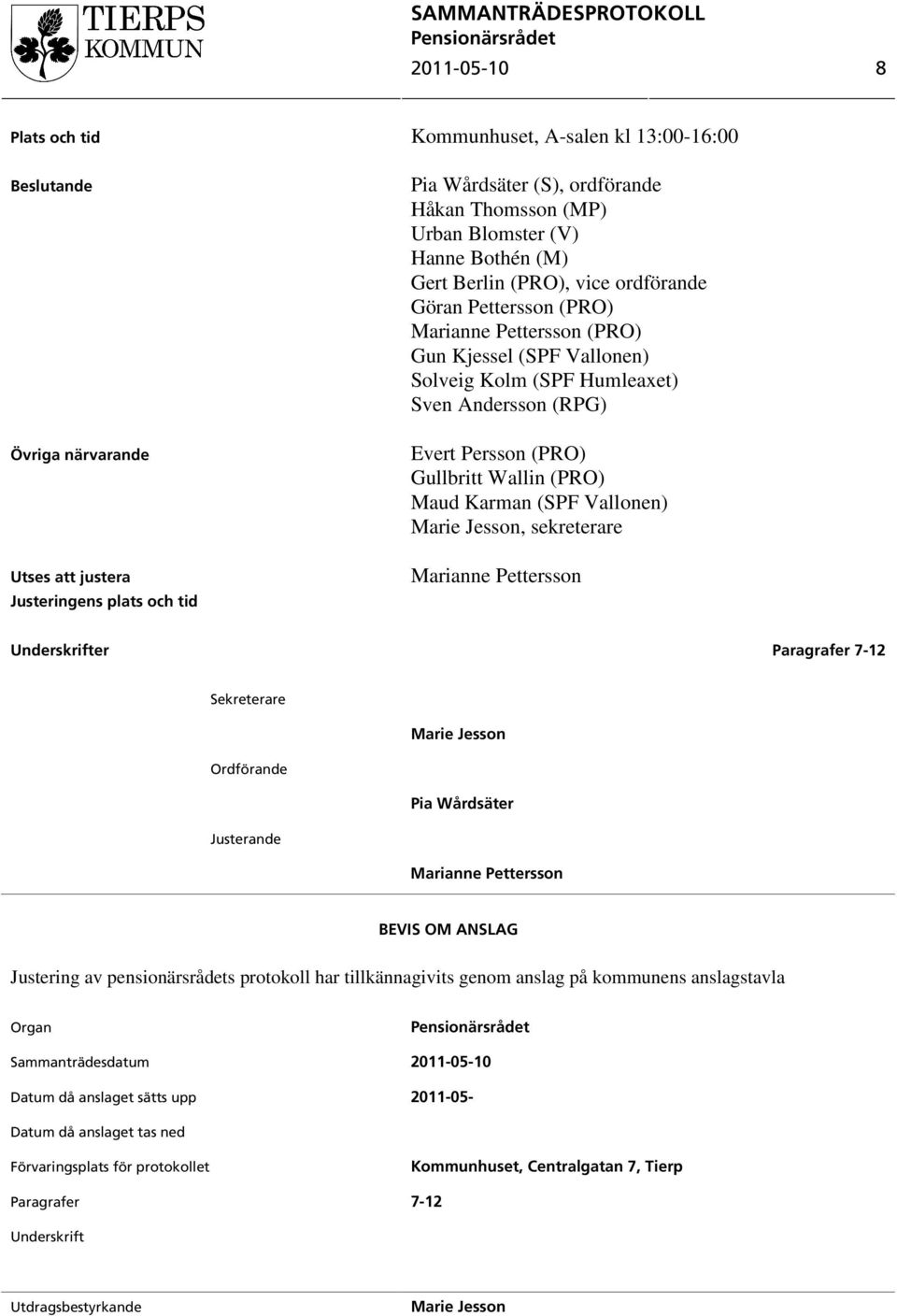 Persson (PRO) Gullbritt Wallin (PRO) Maud Karman (SPF Vallonen) Marie Jesson, sekreterare Marianne Pettersson Underskrifter Paragrafer 7-12 Sekreterare Marie Jesson Ordförande Pia Wårdsäter