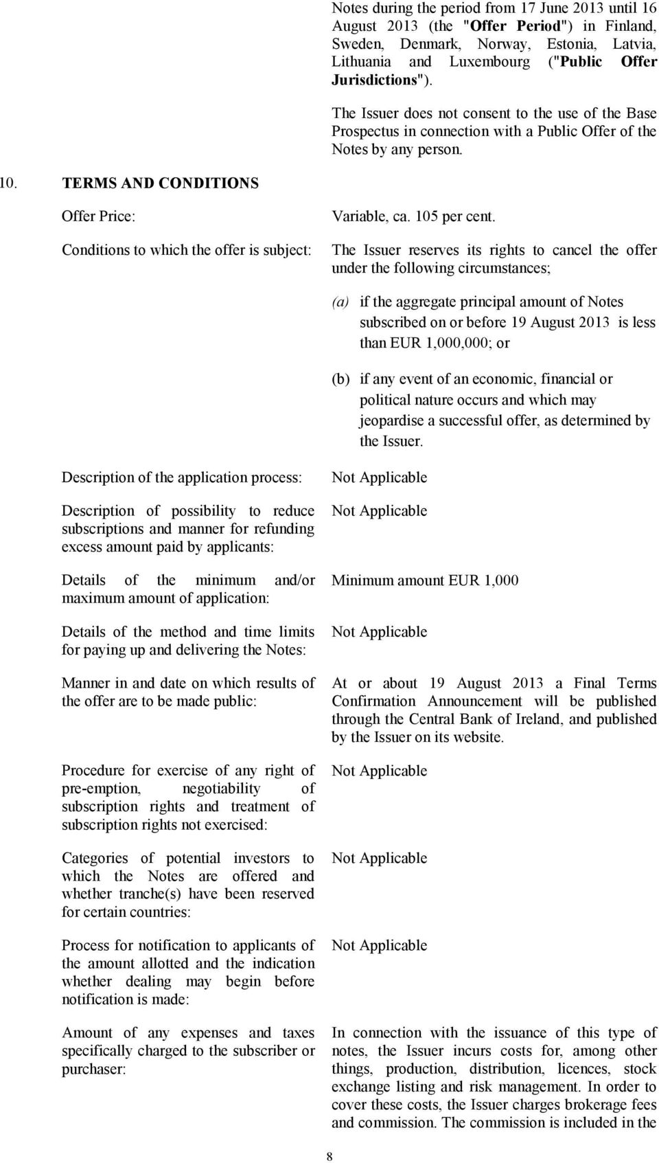 TERMS AND CONDITIONS Offer Price: Conditions to which the offer is subject: Variable, ca. 105 per cent.