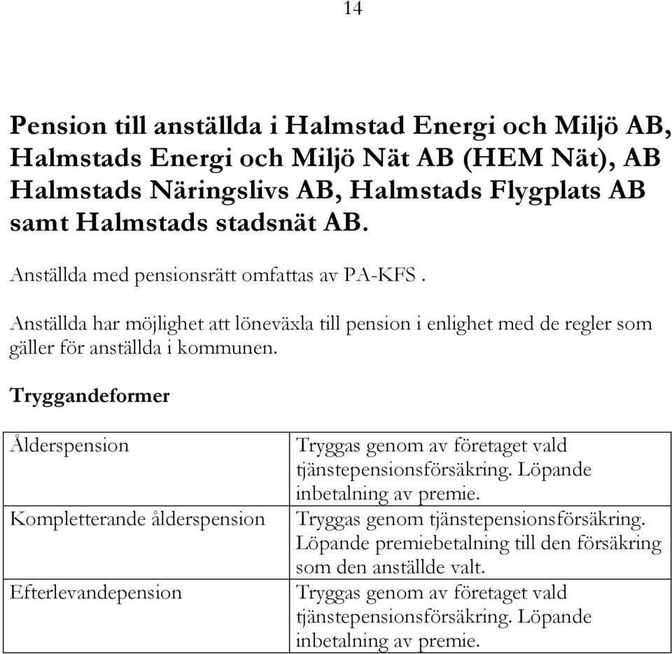 Tryggandeformer Ålderspension Kompletterande ålderspension Efterlevandepension Tryggas genom av företaget vald tjänstepensionsförsäkring. Löpande inbetalning av premie.