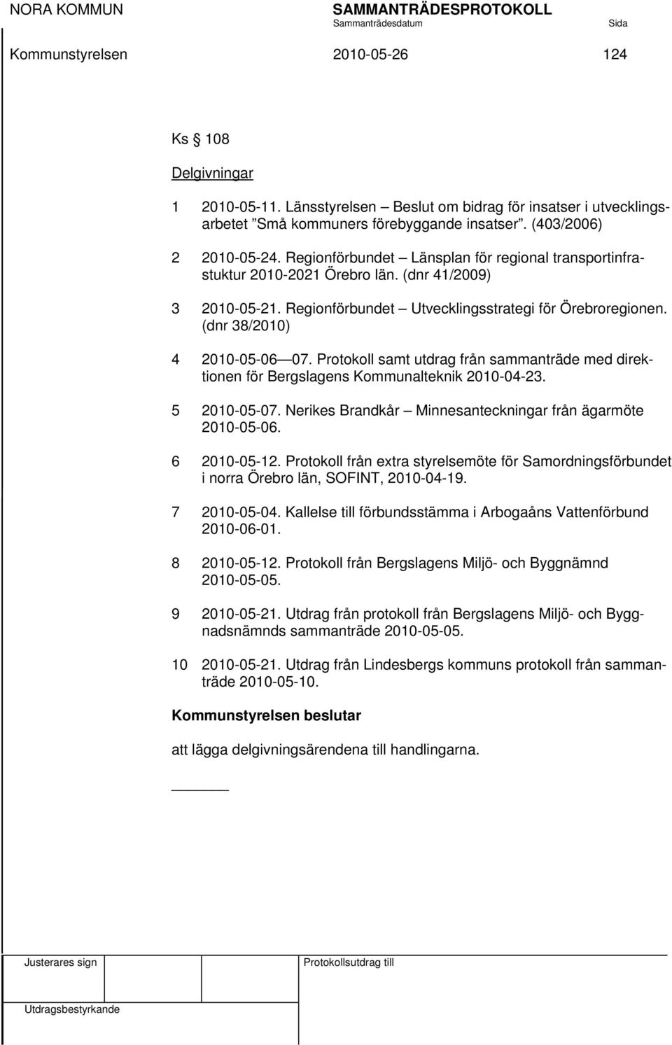 Protokoll samt utdrag från sammanträde med direktionen för Bergslagens Kommunalteknik 2010-04-23. 5 2010-05-07. Nerikes Brandkår Minnesanteckningar från ägarmöte 2010-05-06. 6 2010-05-12.