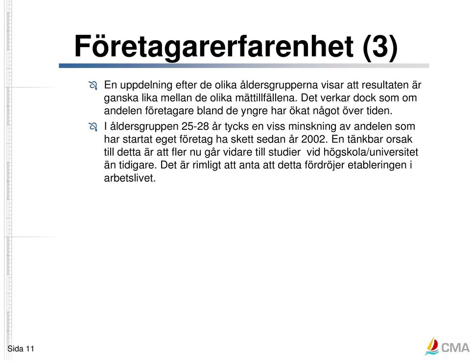 I åldersgruppen 25-28 år tycks en viss minskning av andelen som har startat eget företag ha skett sedan år 2002.