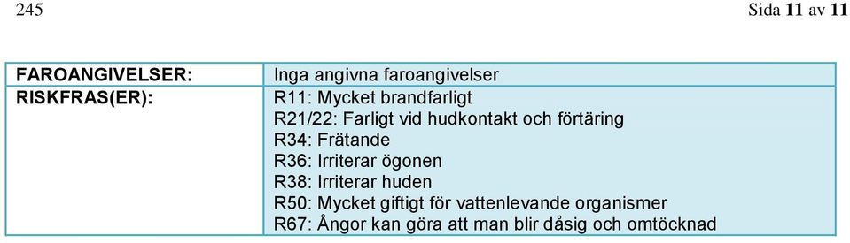 Frätande R36: Irriterar ögonen R38: Irriterar huden R50: Mycket giftigt för