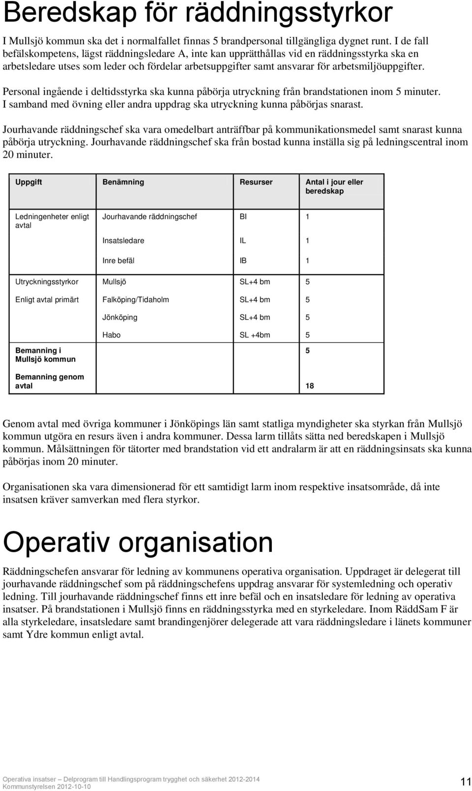 arbetsmiljöuppgifter. Personal ingående i deltidsstyrka ska kunna påbörja utryckning från brandstationen inom 5 minuter. I samband med övning eller andra uppdrag ska utryckning kunna påbörjas snarast.