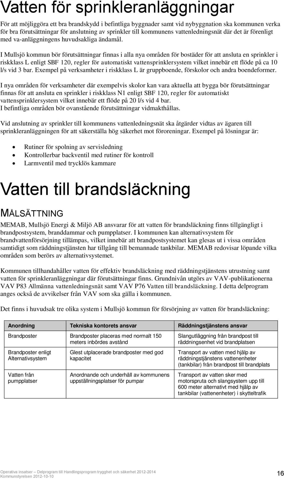 I Mullsjö kommun bör förutsättningar finnas i alla nya områden för bostäder för att ansluta en sprinkler i riskklass L enligt SBF 120, regler för automatiskt vattensprinklersystem vilket innebär ett