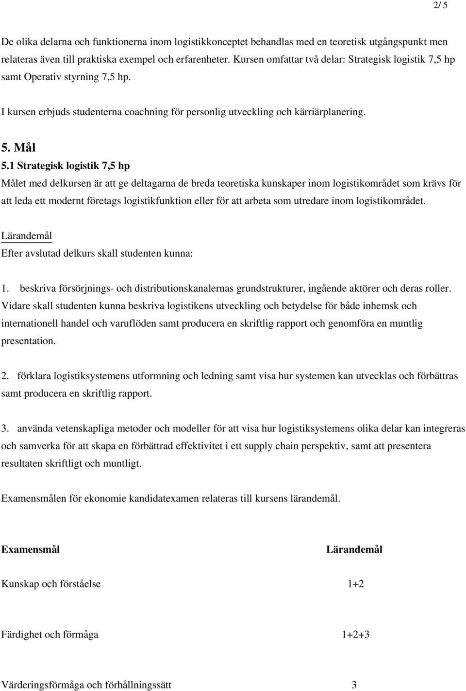 1 Strategisk logistik 7,5 hp Målet med delkursen är att ge deltagarna de breda teoretiska kunskaper inom logistikområdet som krävs för att leda ett modernt företags logistikfunktion eller för att