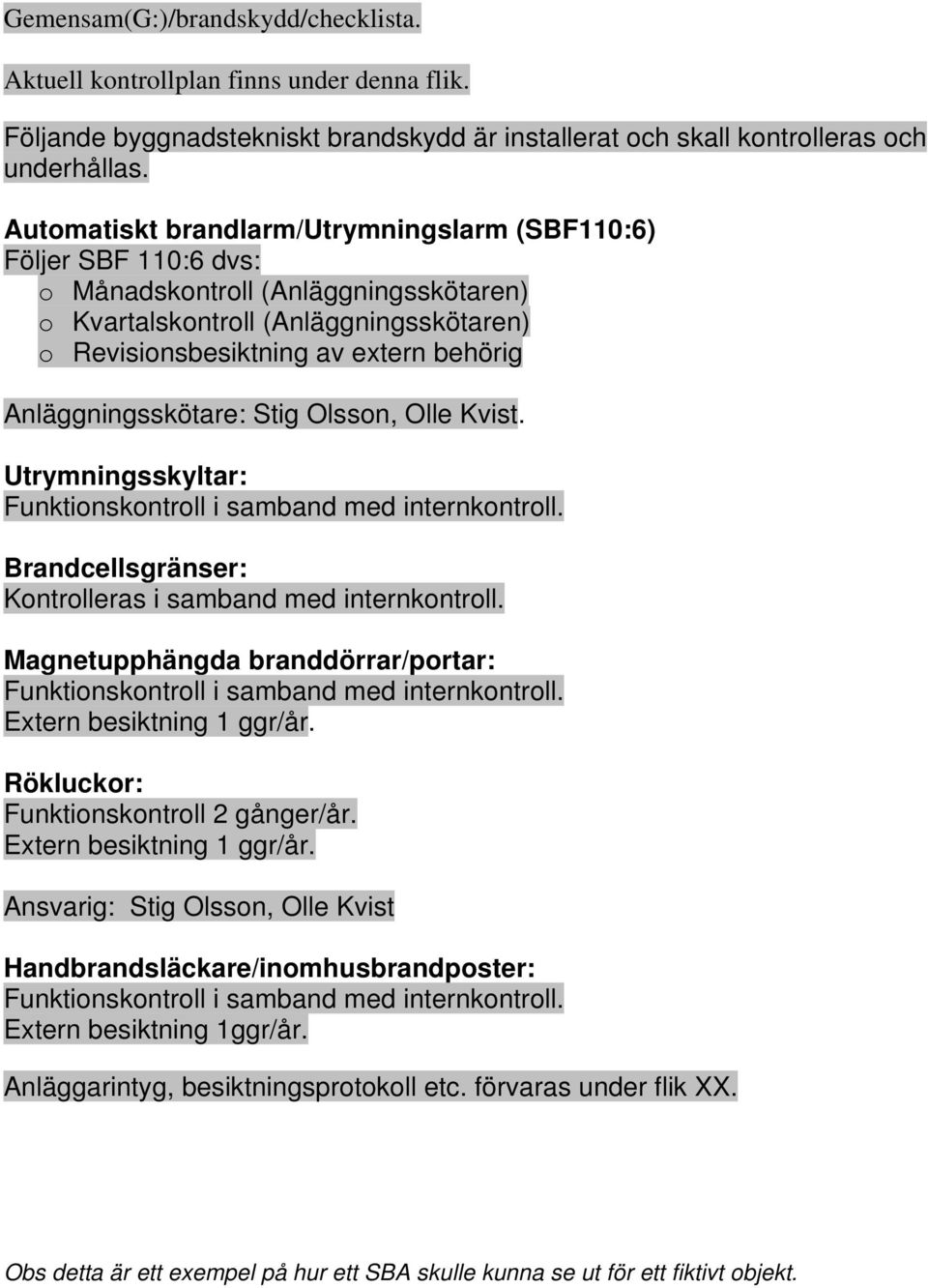 Anläggningsskötare: Stig Olsson, Olle Kvist. Utrymningsskyltar: Funktionskontroll i samband med internkontroll. Brandcellsgränser: Kontrolleras i samband med internkontroll.