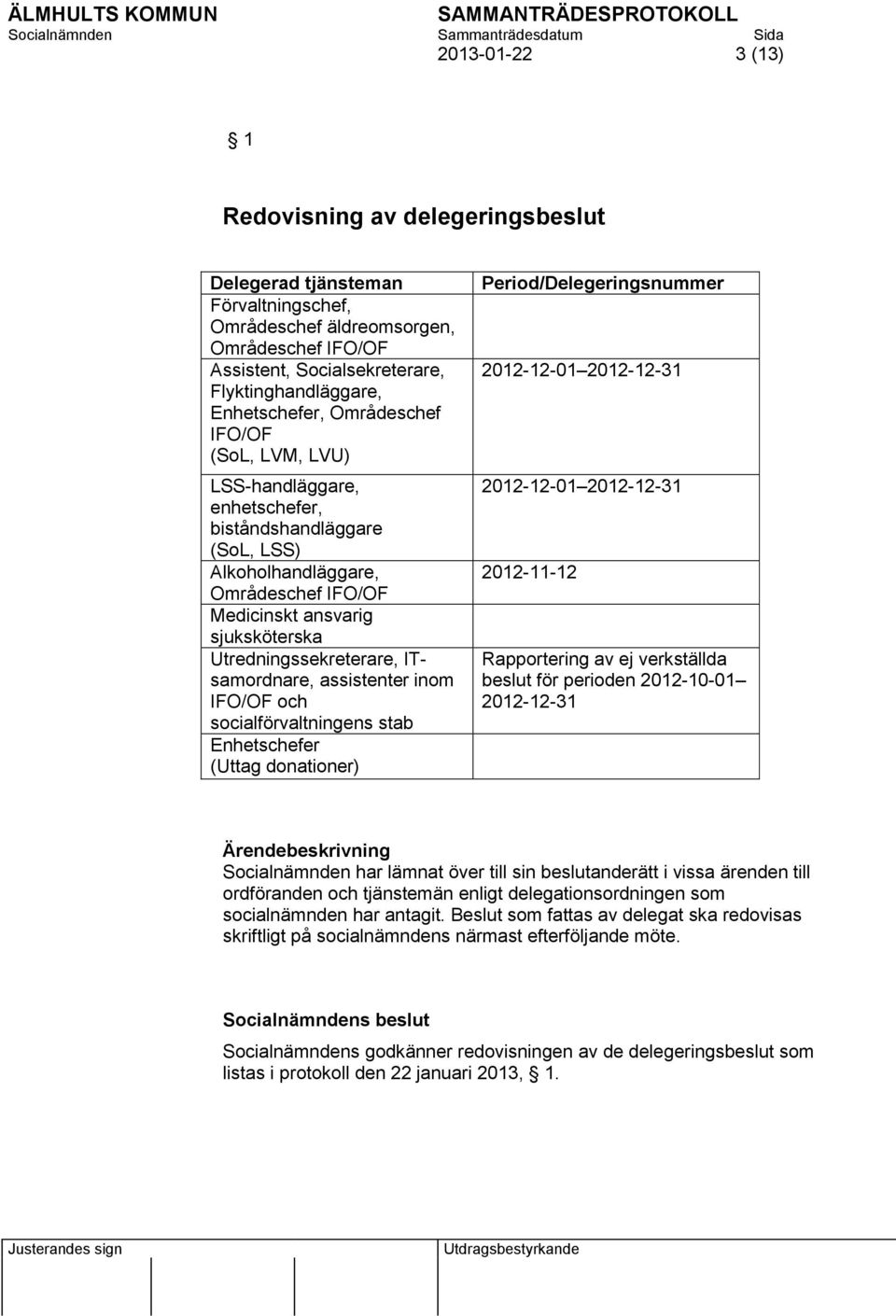 Utredningssekreterare, ITsamordnare, assistenter inom IFO/OF och socialförvaltningens stab Enhetschefer (Uttag donationer) Period/Delegeringsnummer 2012-12-01 2012-12-31 2012-12-01 2012-12-31