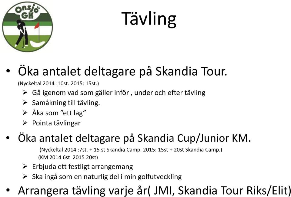 Åka som ett lag Pointa tävlingar Öka antalet deltagare på Skandia Cup/Junior KM. (Nyckeltal 2014 :7st.