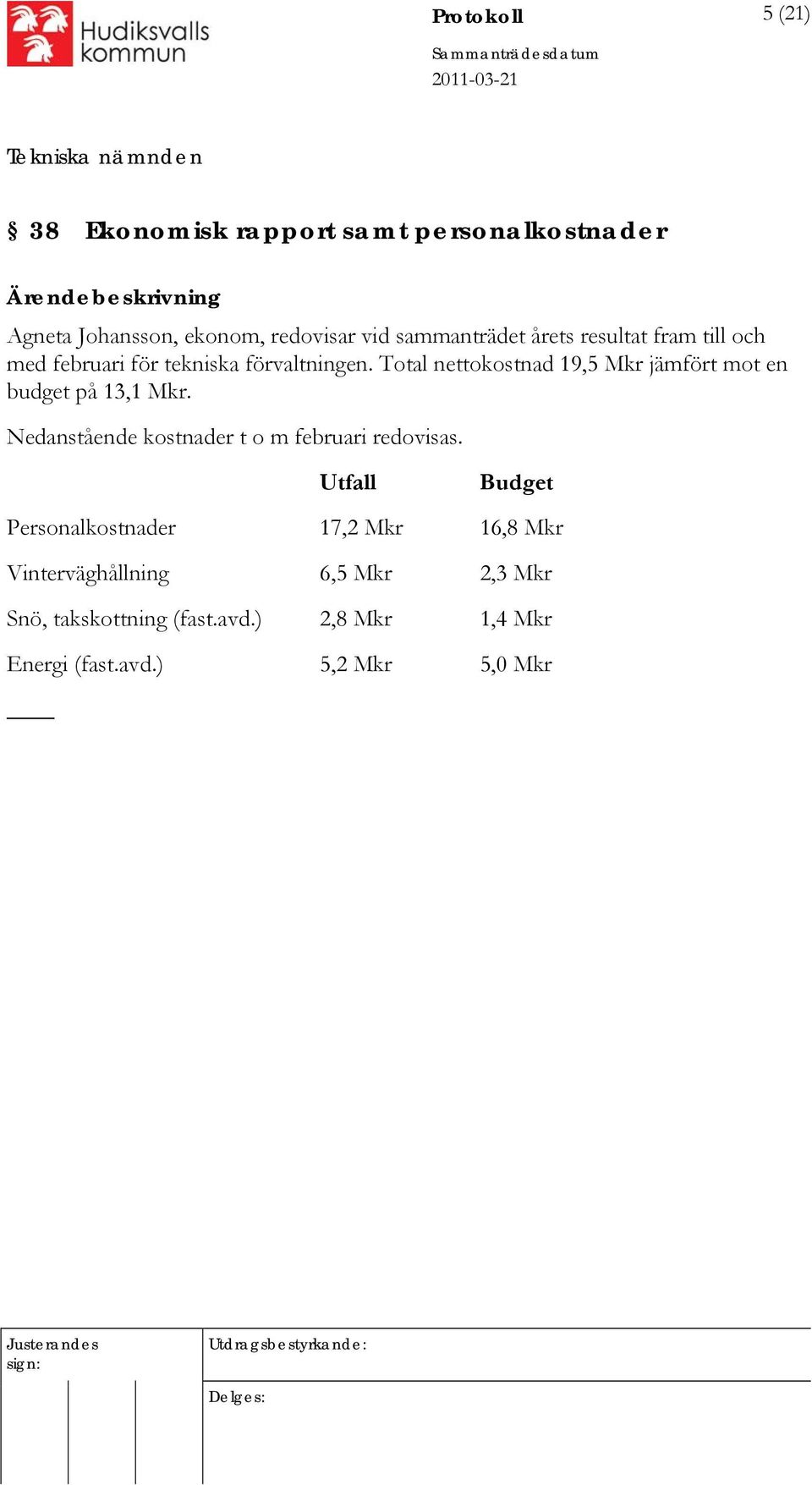 Total nettokostnad 19,5 Mkr jämfört mot en budget på 13,1 Mkr. Nedanstående kostnader t o m februari redovisas.