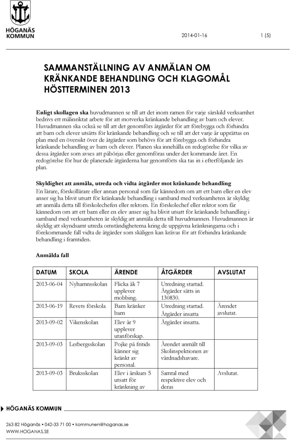 Huvudmannen ska också se till att det genomförs åtgärder för att förebygga och förhindra att barn och elever utsätts för kränkande behandling och se till att det varje år upprättas en plan med en