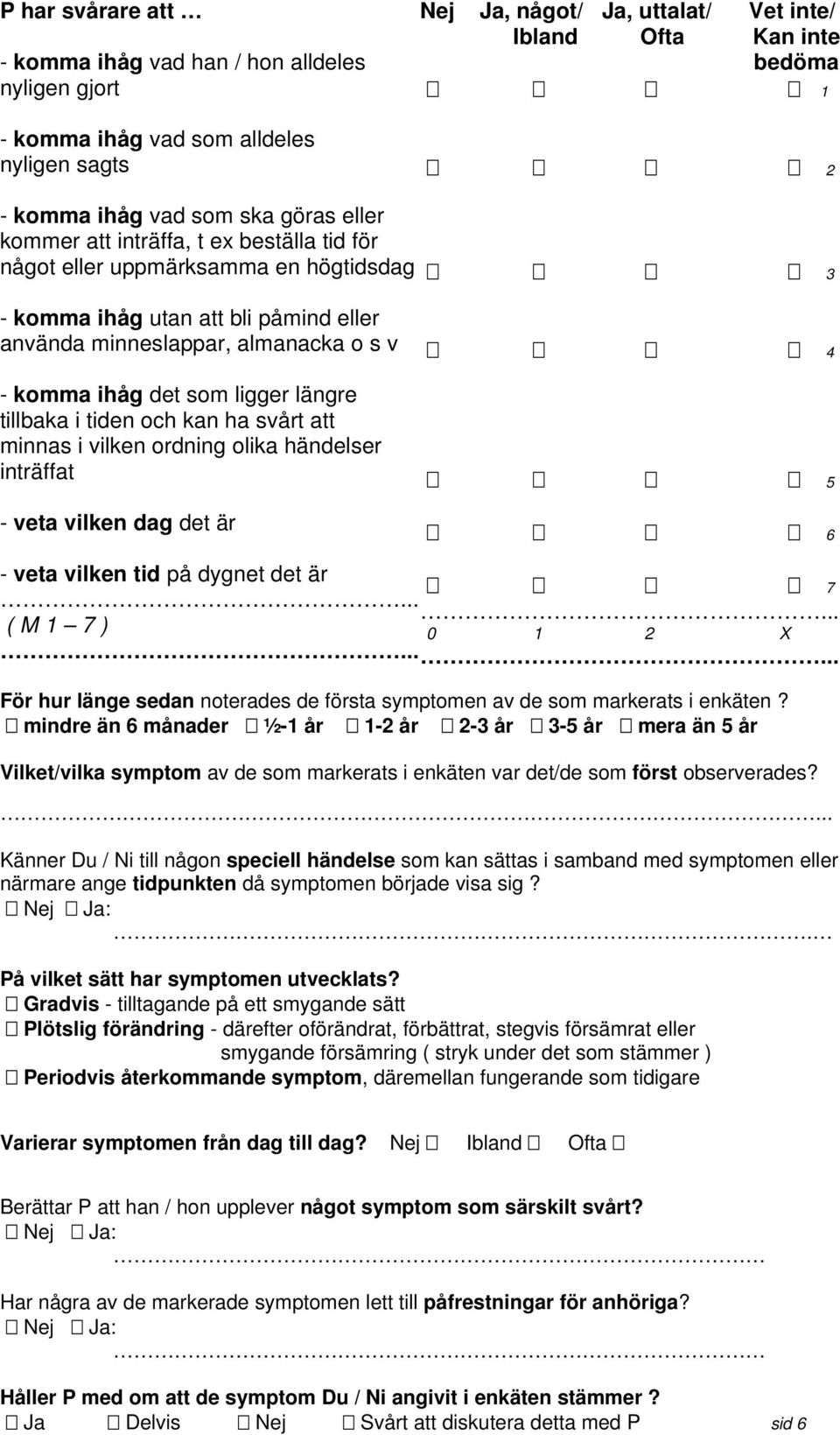 ordning olika händelser inträffat - veta vilken dag det är - veta vilken tid på dygnet det är ( M ) 0 X För hur länge sedan noterades de första symptomen av de som markerats i enkäten?