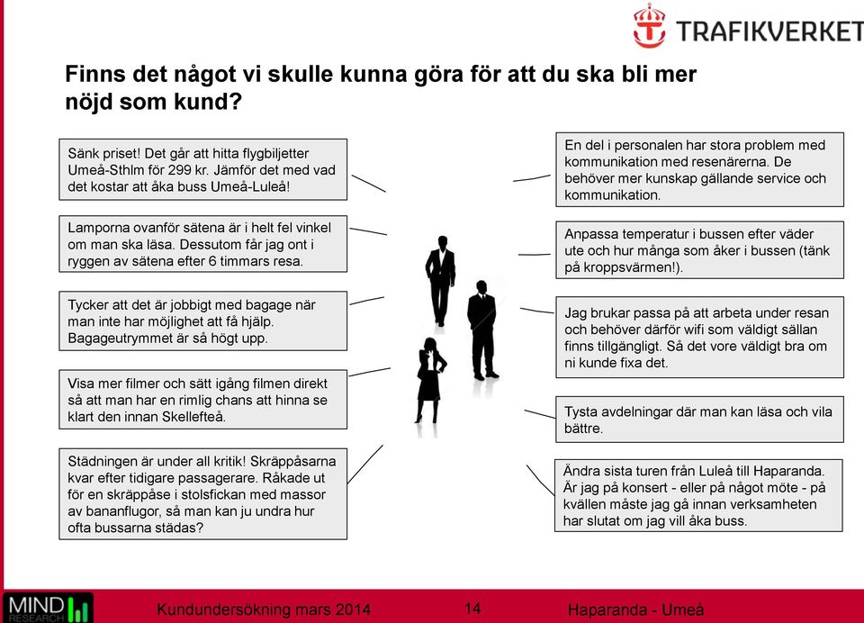 De behöver mer kunskap gällande service och kommunikation. Anpassa temperatur i bussen efter väder ute och hur många som åker i bussen (tänk på kroppsvärmen!).