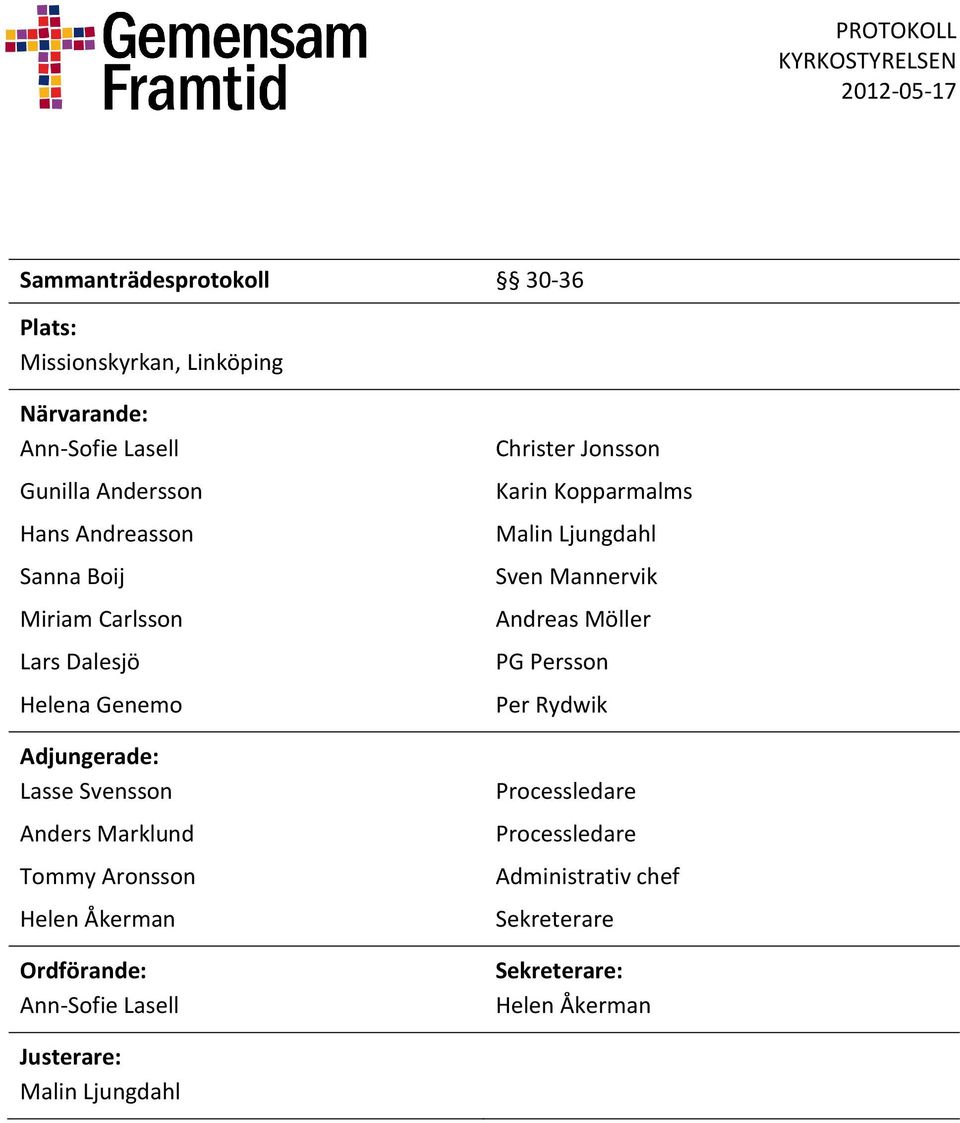 Åkerman Ordförande: Ann-Sofie Lasell Christer Jonsson Karin Kopparmalms Malin Ljungdahl Sven Mannervik Andreas Möller PG