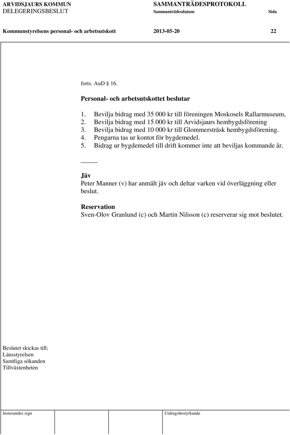 Bevilja bidrag med 10 000 kr till Glommersträsk hembygdsförening. 4. Pengarna tas ur kontot för bygdemedel. 5.