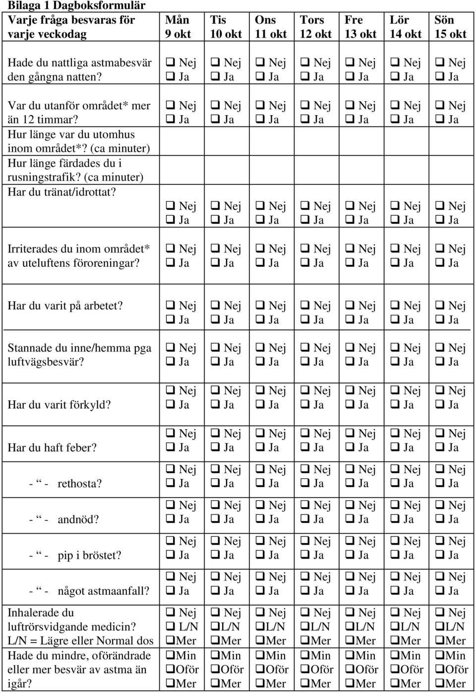 Irriterades du inom området* av uteluftens föroreningar? Har du varit på arbetet? Stannade du inne/hemma pga luftvägsbesvär? Har du varit förkyld? Har du haft feber? - - rethosta?