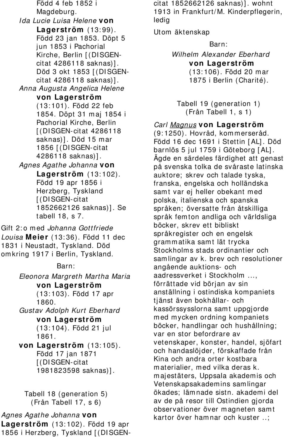 Döpt 31 maj 1854 i Pachorial Kirche, Berlin 4286118 saknas)]. Död 15 mar 1856 Agnes Agathe Johanna von Lagerström (13:102). Född 19 apr 1856 i Herzberg, Tyskland 1852662126 saknas)].