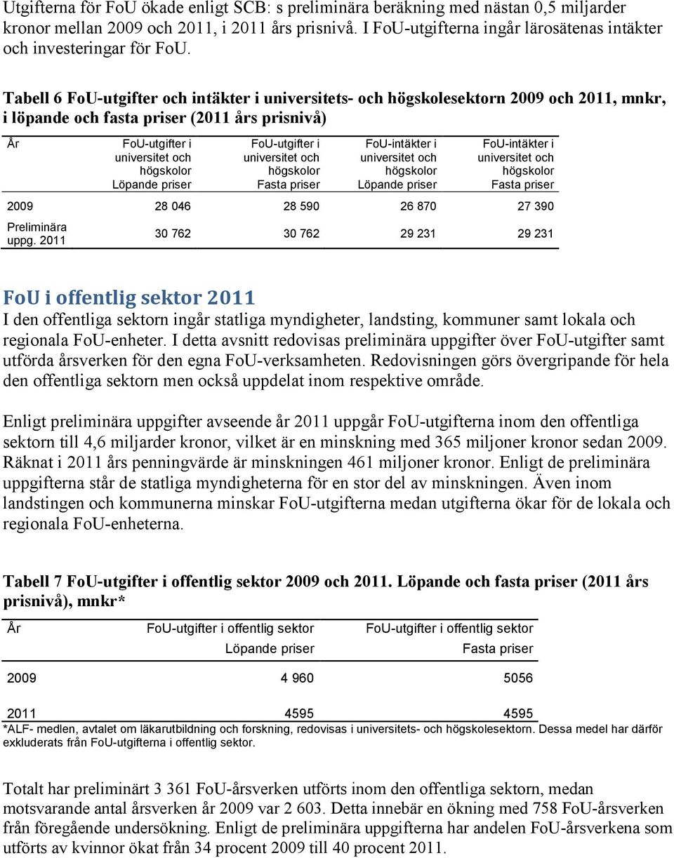 Tabell 6 FoU-utgifter och intäkter i universitets- och högskolesektorn 2009 och 2011, mnkr, i löpande och fasta priser (2011 års prisnivå) FoU-utgifter i universitet och högskolor Löpande priser