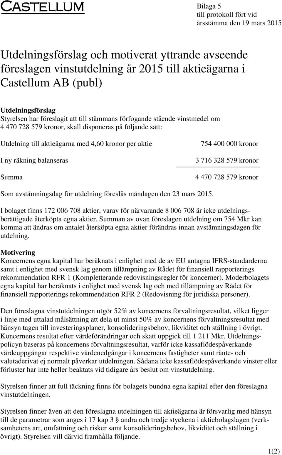 aktie I ny räkning balanseras Summa 754 400 000 kronor 3 716 328 579 kronor 4 470 728 579 kronor Som avstämningsdag för utdelning föreslås måndagen den 23 mars 2015.