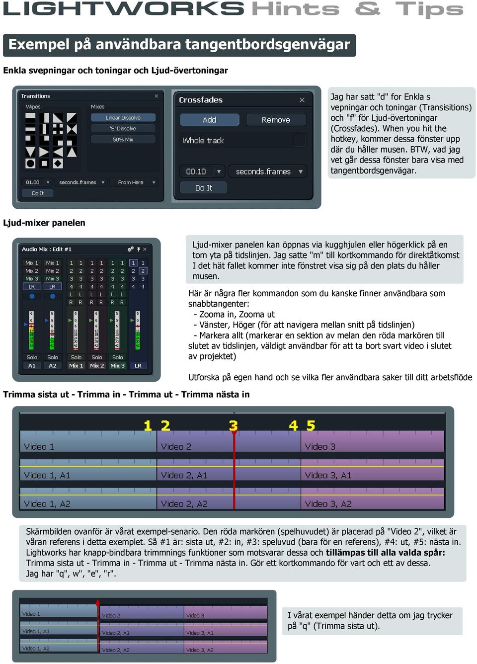 Ljud-mixer panelen Trimma sista ut - Trimma in - Trimma ut - Trimma nästa in Ljud-mixer panelen kan öppnas via kugghjulen eller högerklick på en tom yta på tidslinjen.
