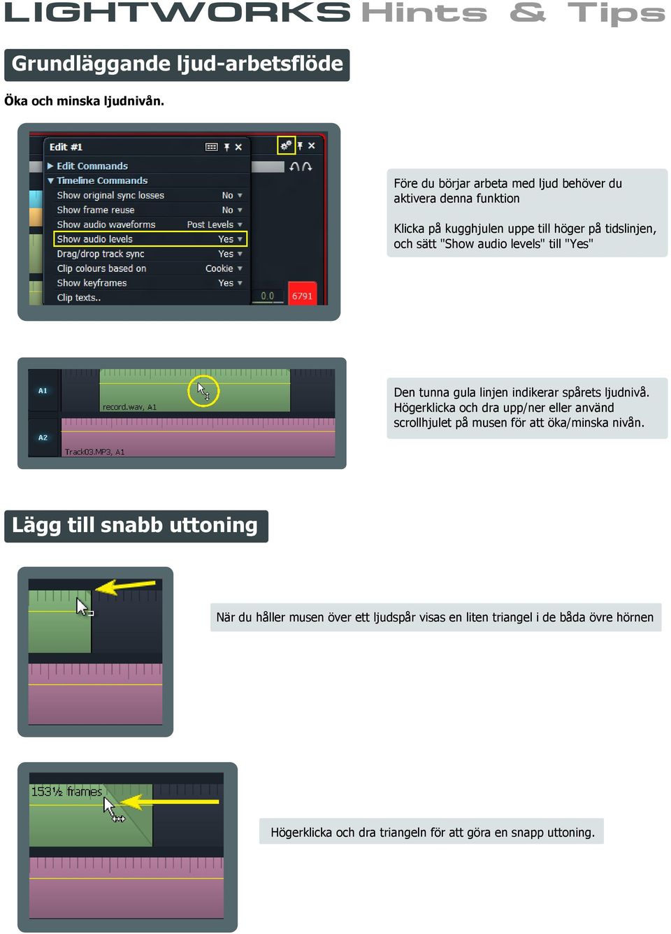 "Show audio levels" till "Yes" Den tunna gula linjen indikerar spårets ljudnivå.