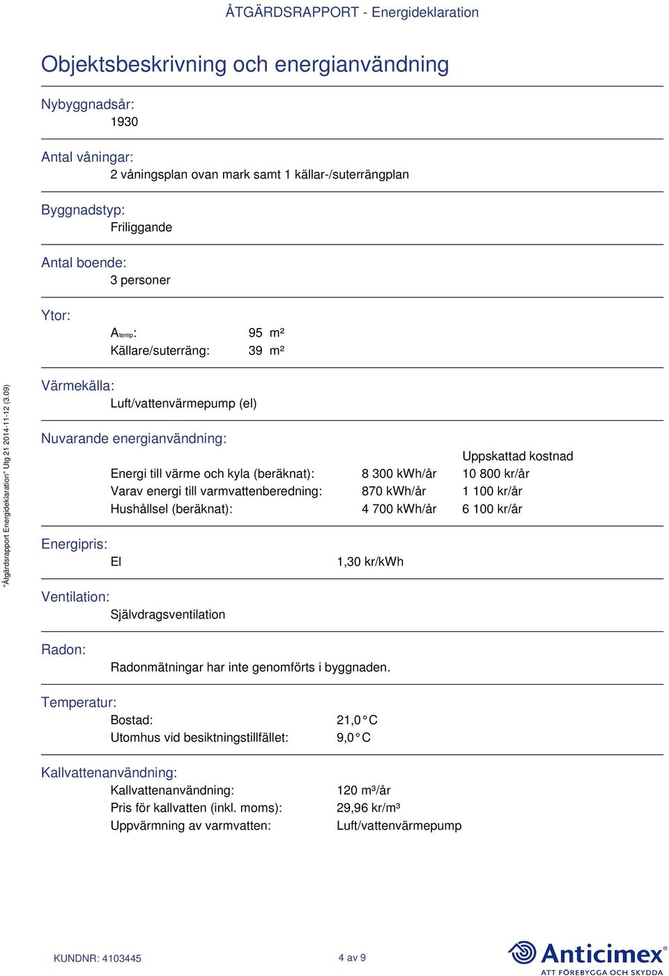 varmvattenberedning: 870 kwh/år 1 100 kr/år Hushållsel (beräknat): 4 700 kwh/år 6 100 kr/år Energipris: El Ventilation: Självdragsventilation 1,30 kr/kwh Radon: Radonmätningar har inte genomförts i