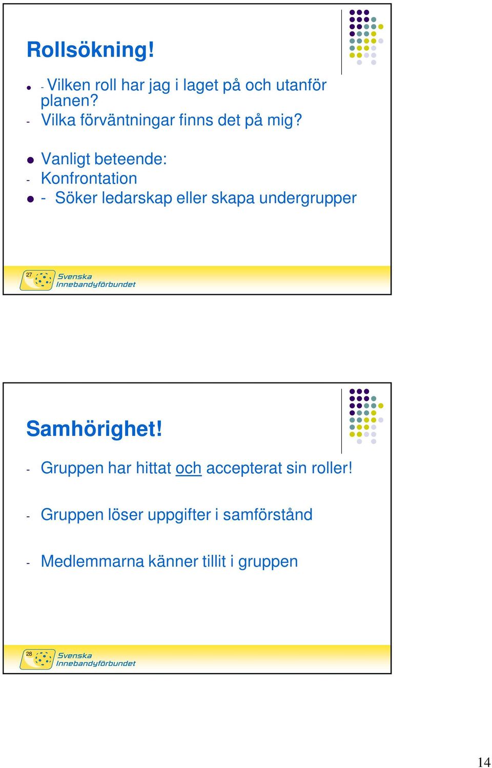 Vanligt beteende: - Konfrontation - Söker ledarskap eller skapa undergrupper 27