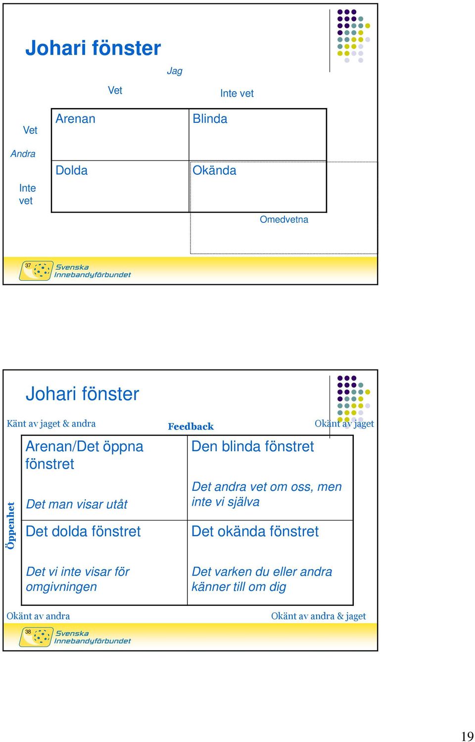 visar för omgivningen Okänt av andra Feedback Den blinda fönstret Det andra vet om oss, men inte vi själva