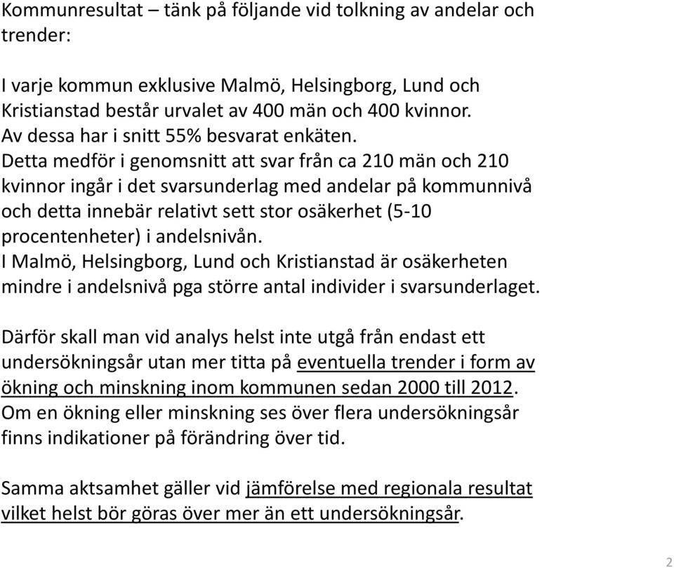 Detta medför i genomsnitt att svar från ca 21 män och 21 kvinnor ingår i det svarsunderlag med andelar på kommunnivå och detta innebär relativt sett stor osäkerhet (5-1 procentenheter) i andelsnivån.