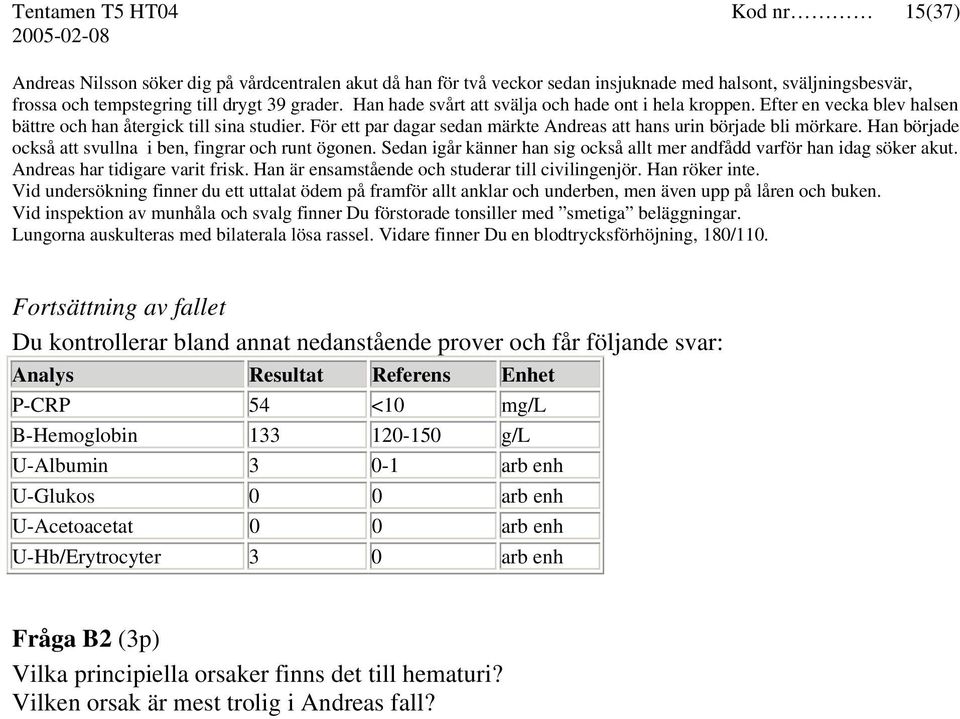 Han började också att svullna i ben, fingrar och runt ögonen. Sedan igår känner han sig också allt mer andfådd varför han idag söker akut. Andreas har tidigare varit frisk.