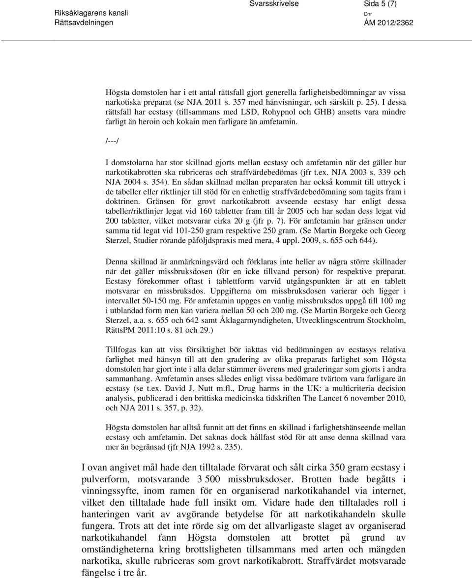 /---/ I domstolarna har stor skillnad gjorts mellan ecstasy och amfetamin när det gäller hur narkotikabrotten ska rubriceras och straffvärdebedömas (jfr t.ex. NJA 2003 s. 339 och NJA 2004 s. 354).