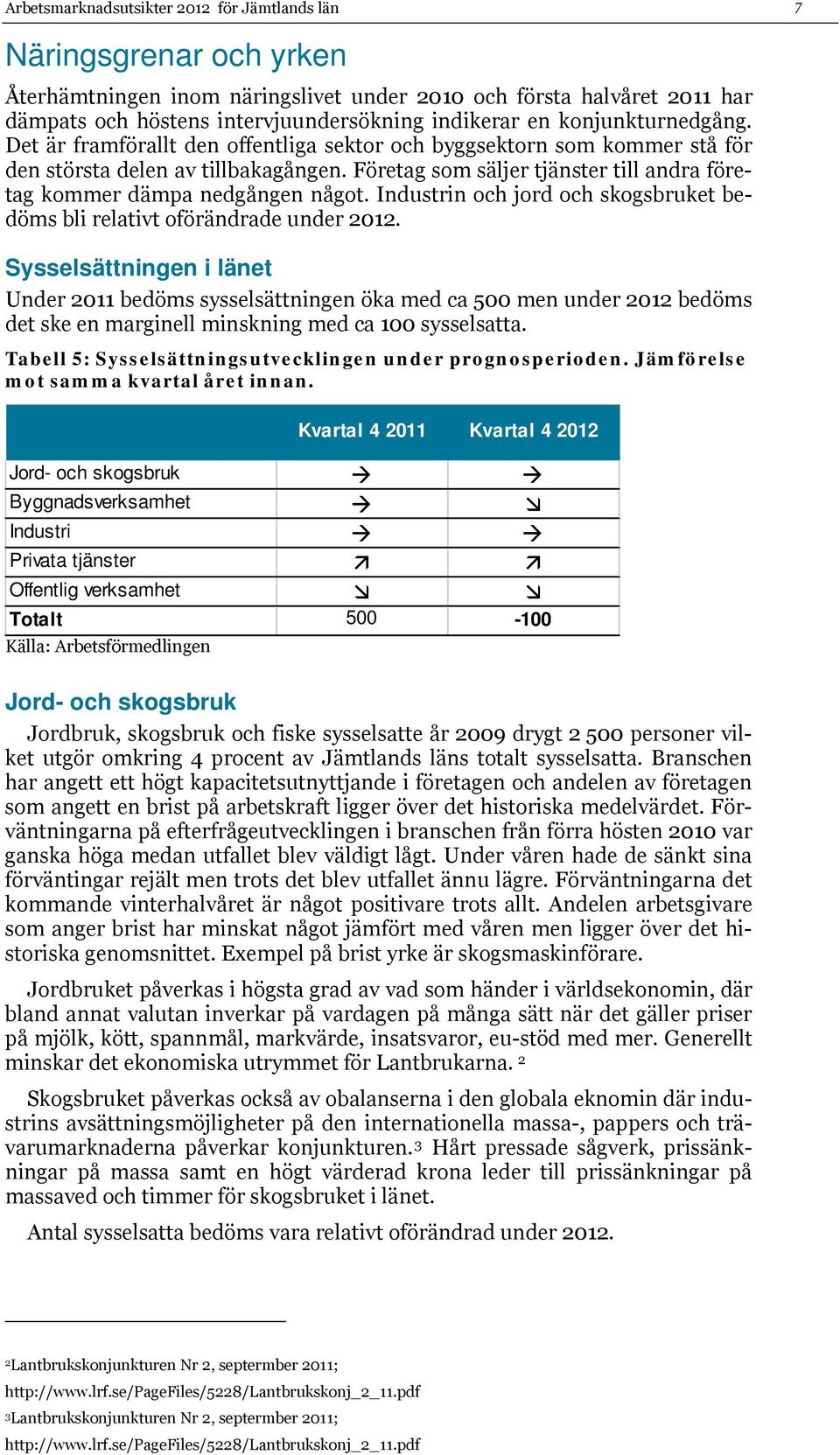 Företag som säljer tjänster till andra företag kommer dämpa nedgången något. Industrin och jord och skogsbruket bedöms bli relativt oförändrade under 2012.