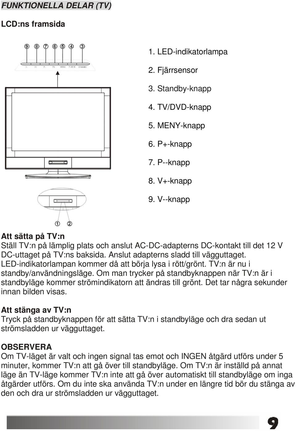 LED-indikatorlampan kommer då att börja lysa i rött/grönt. TV:n är nu i standby/användningsläge.