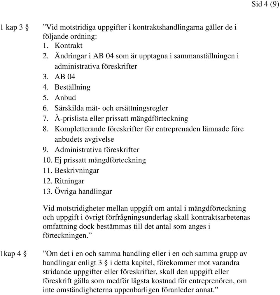 Administrativa föreskrifter 10. Ej prissatt mängdförteckning 11. Beskrivningar 12. Ritningar 13.