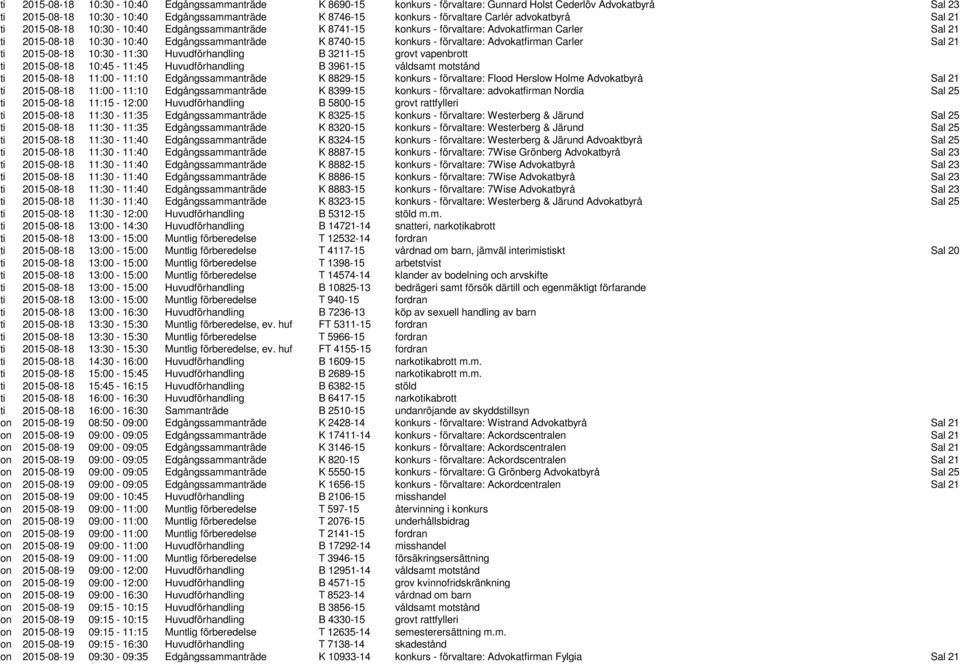 förvaltare: Advokatfirman Carler Sal 21 ti 2015-08-18 10:30-11:30 Huvudförhandling B 3211-15 grovt vapenbrott ti 2015-08-18 10:45-11:45 Huvudförhandling B 3961-15 våldsamt motstånd ti 2015-08-18