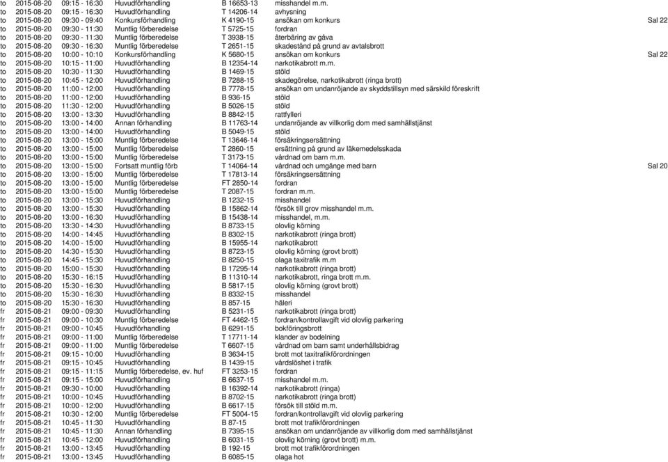 m. to 2015-08-20 09:15-16:30 Huvudförhandling T 14206-14 avhysning to 2015-08-20 09:30-09:40 Konkursförhandling K 4190-15 ansökan om konkurs Sal 22 to 2015-08-20 09:30-11:30 Muntlig förberedelse T